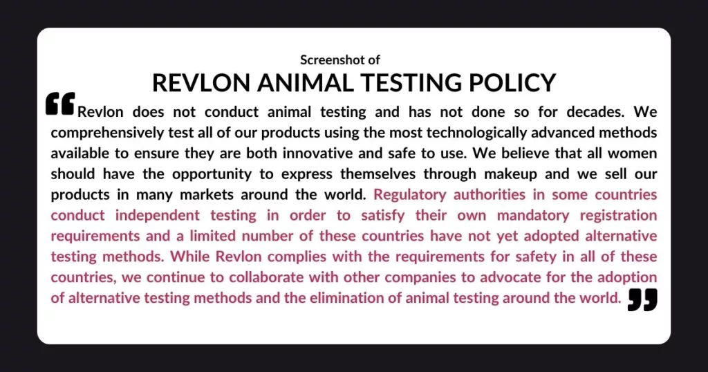 Revlon official statement from their website about the animal testing policy