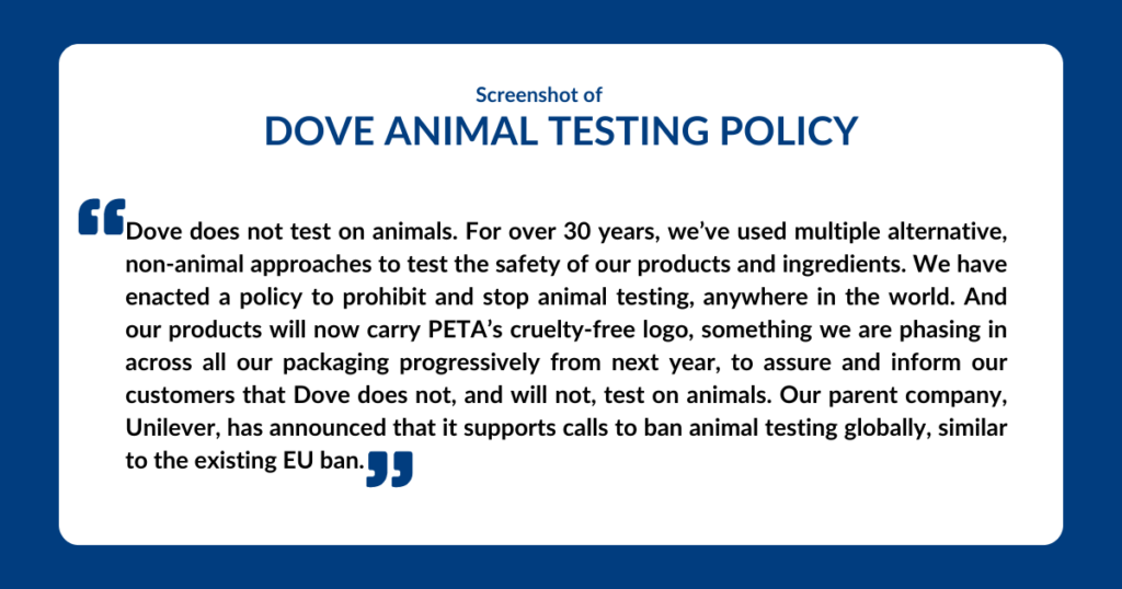 Does Dove Test on Animals? 1 screenshot of Dove's cruelty-free statement