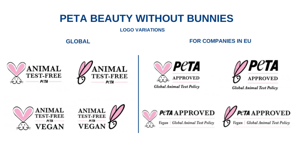 PETA beauty without bunnies logo and its different variations for both EU and NOn-EU companies