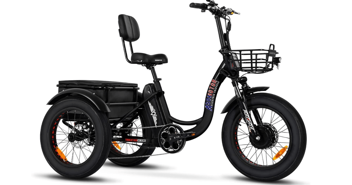 Featured photo with a Black electric tricycle for adults and seniors with a front and back basket and comfortable seat