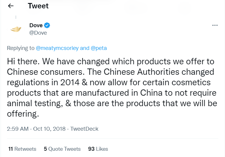 Dove's response about selling products in China and animal testing (Twitter Response Screenshot) 1/2