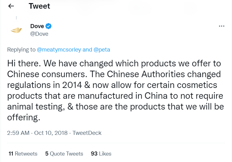Does Dove Test on Animals? 3 Dove's response about selling products in China and animal testing (Twitter Response Screenshot) 1/2